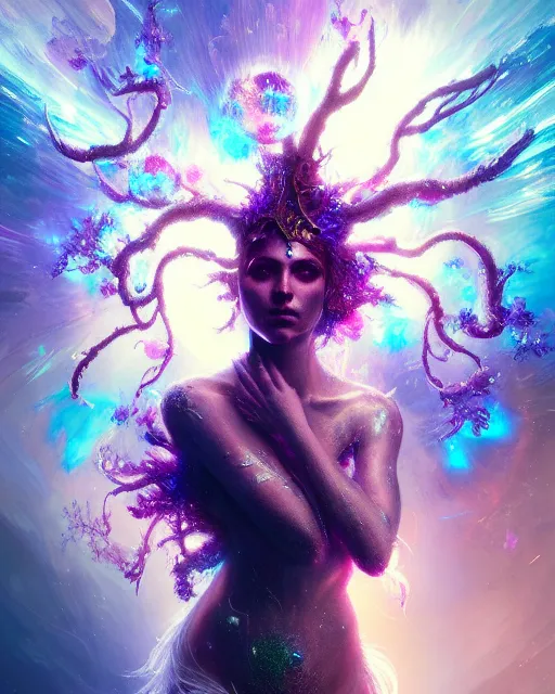 Image similar to Full View Portrait Mystical ethereal disco deity, disco ball Dryad of epic legend, 4k digital masterpiece by Greg Rutkowski and Ruan Jia and rossdraws, Alberto Seveso, fantasycore, Hyperdetailed, realistic oil on linen, soft lighting, Iconography background, featured on Artstation