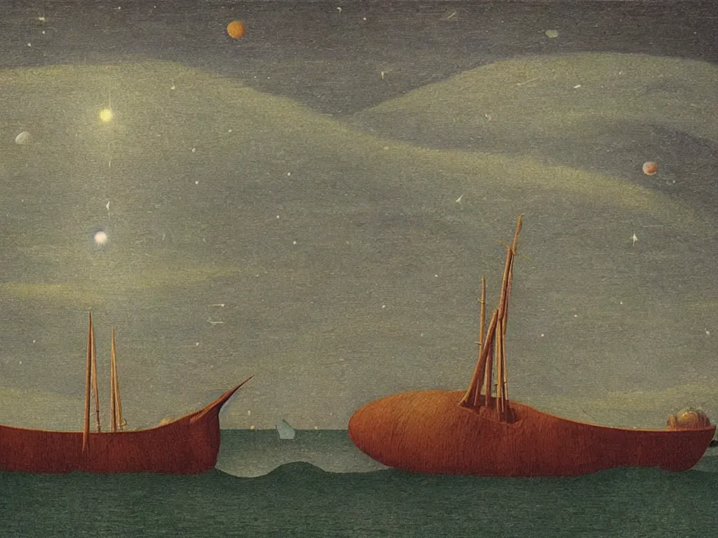 Prompt: wooden ship on the dark sea with meteor showers. painting by bosch, rene magritte