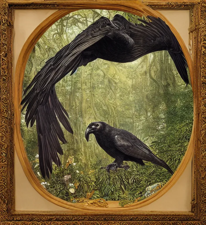 Prompt: a breathtakingly stunningly pre raphaelite beautifully highly detailed close up animal portrait of a majestic raven, in an forest arch with smokey water reflections, framed, by rosetti and devinci and morris and walter crane and michael cheval and sidney cooper and turner, 4 k