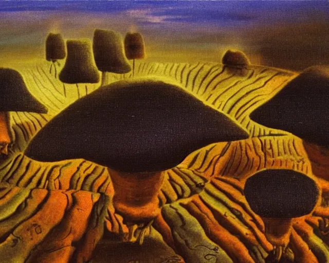 Prompt: A Salvador Dali painting of a small Indiana mushroom farm, Multi Toned, Volumetric Lighting, Dark Sky, Rule of Threes, Award Winning Art