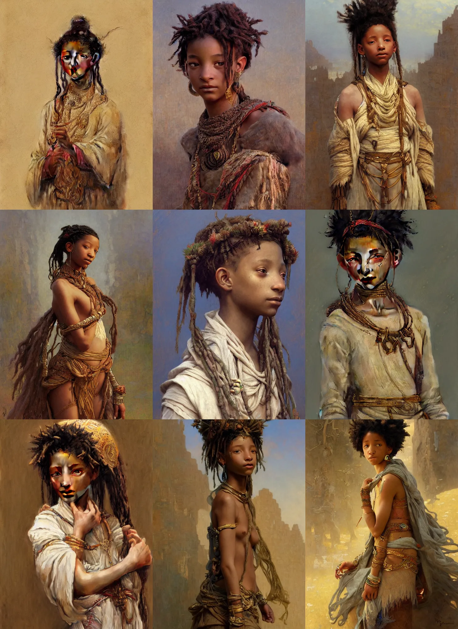 Prompt: willow smith young, ancient berber girl, intricate, highly detailed, artstation, digital illustration, orientalism, bouguereau, mucha, ruan jia