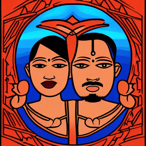 Image similar to perfectly centered symmetrical split male and female portrait of young indian man and woman in love sharing one heart. illustration, highly detailed, simple, no jagged lines, smooth, artstation, artwork by frank lloyd wright