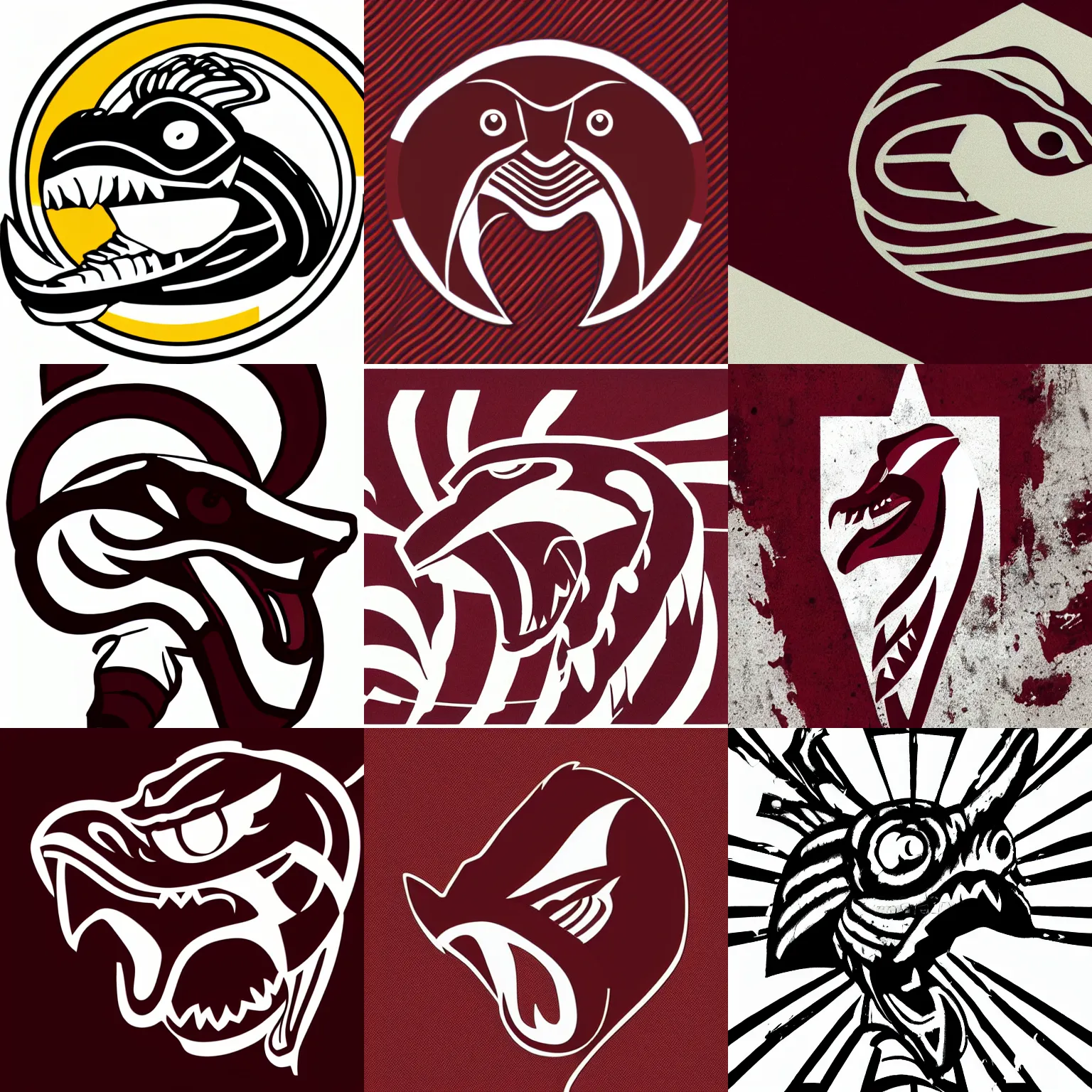 Prompt: Cobra head mascot facing right, maroon and white, graphic design, no text