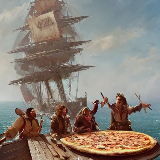 Image similar to a group of adventurers eating a giant pizza on a sailing ship, greg rutkowski