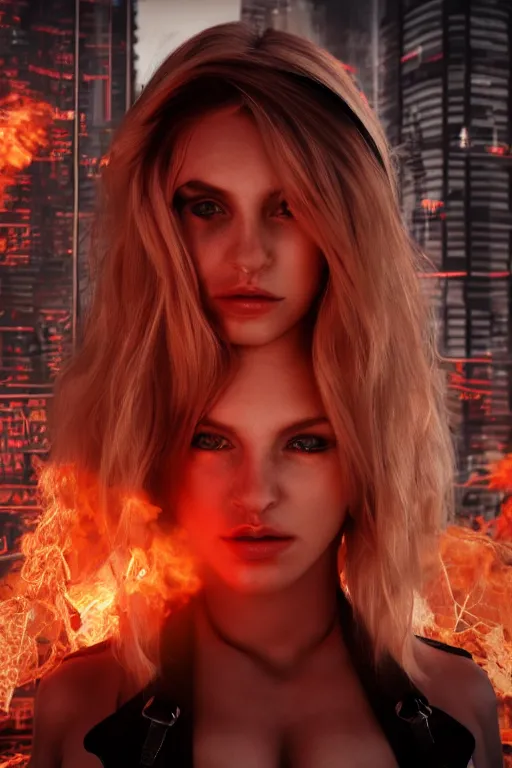 Prompt: beautiful blonde woman with her body completely covered in flames, cyberpunk, behind her a city during the end of the world, realistic, high definition, many details, symmetrical face, realistic eyes, art of unreal engine 5