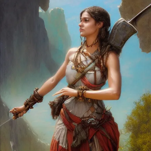 Image similar to artstation concept of a beautiful girl holding a sword in both hands, brown skin, sweaty skin, symmetrical face, casual white garment, brown canyon background, shiny colorful, hyperdetailed, artstation trending, world renowned artists, worth1000.com, historic artworks society, antique renewel, cgsociety, by greg rutkowski, by Gustave Dore, Deviantart