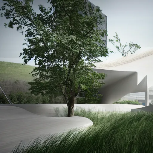 Prompt: archviz, building, wood, green, organic design, zaha hadid, white, render