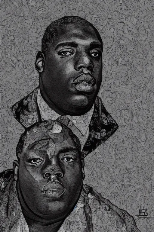 Image similar to a portrait of biggie small in style of egon schiele, masterpiece, hyperdetailed, complex, intricate, 4 k, trending on artstation