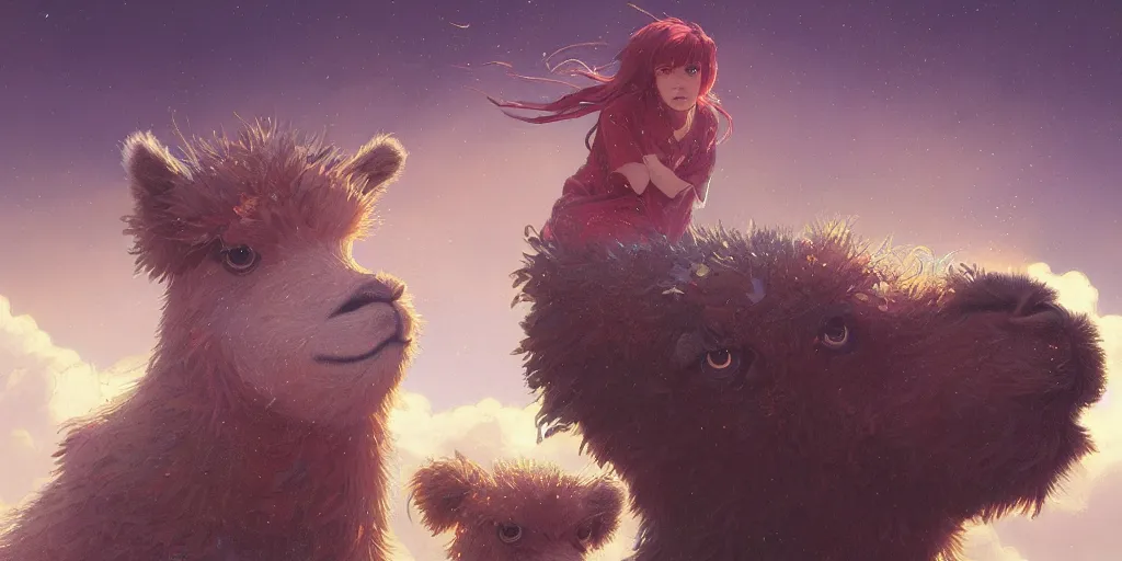 Image similar to highly detailed portrait of emo alpacas, flying, unreal engine, fantasy art by greg rutkowski, loish, rhads, ferdinand knab, makoto shinkai and lois van baarle, ilya kuvshinov, rossdraws, tom bagshaw, alphonse mucha, global illumination, radiant light, detailed and intricate environment