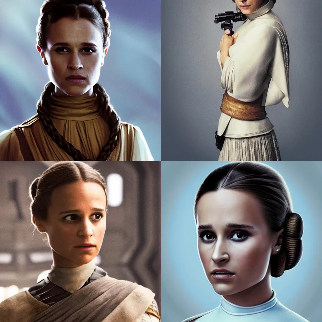 Prompt: Alicia vikander as Princess Leia, photorealistic, Star Wars,