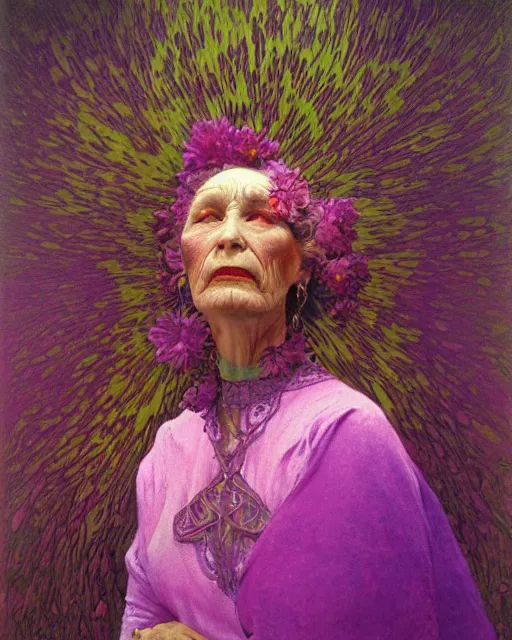 Image similar to purple and pink flowerpunk portrait of a fierce old matriarch by paul lehr, beksinski, alphonse mucha