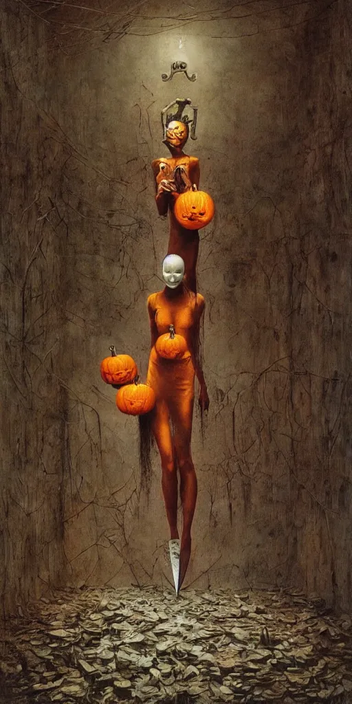 Image similar to a magic surrealism painting of a pumpkin head woman holding a knife 🔪 stands in an abandoned asylum, beksinski, dariusz zawadzki, wayne barlowe, ethereal, dreamlike