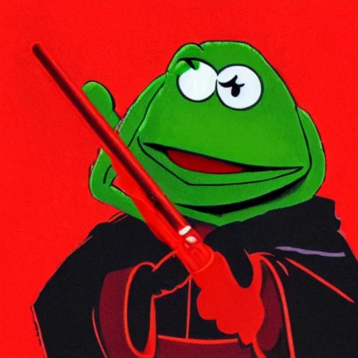 Prompt: kermit the frog as a sith lord wielding a red lightsaber