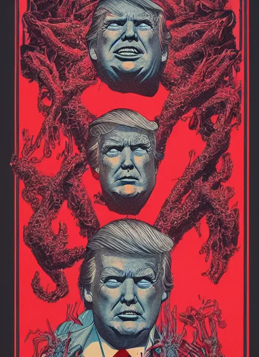 Image similar to risograph of donald trump's grotesque true form revealed, horror, high details, intricate details, by vincent di fate, artgerm julie bell beeple, 1 9 8 0 s, inking, vintage 8 0 s print, screen print