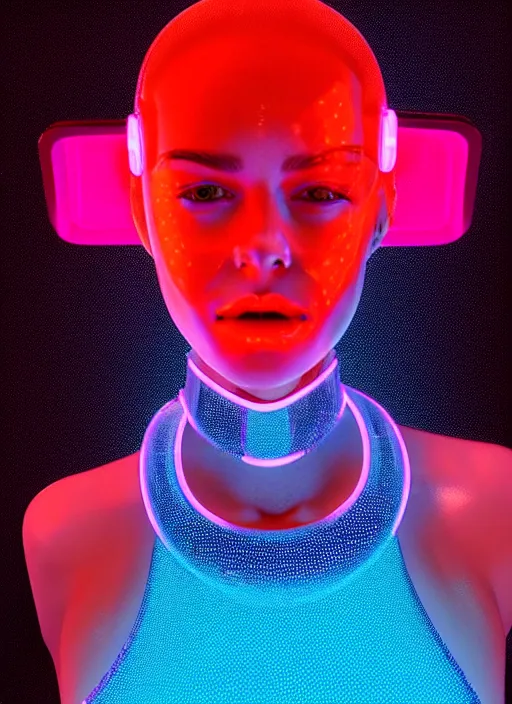 Image similar to a sensual female humanoid with freckles cheeks, cyber neon lighting, retro futurism, intricate futuristic led jewelry, retro futuristic glossy latex bikini, transparent plastic sleeveless vest, profile posing, hyper photorealistic, crispy quality, digital photography, trending in artstation, trending in pinterest, cinematic, 4 k ultra hd, art by pascal blanche, art by greg rutkowski,