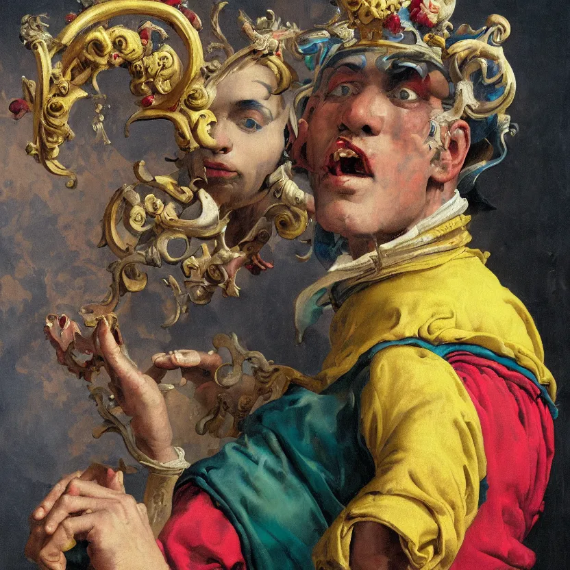 Prompt: a baroque neoclassicist close - up portrait of a jester wearing a colorful retrofuturistic venetian mask, large marble architecture in background. renaissance portrait painting. highly detailed science fiction painting by norman rockwell, frank frazetta, and syd mead. rich colors, high contrast, gloomy atmosphere, dark background. trending on artstation