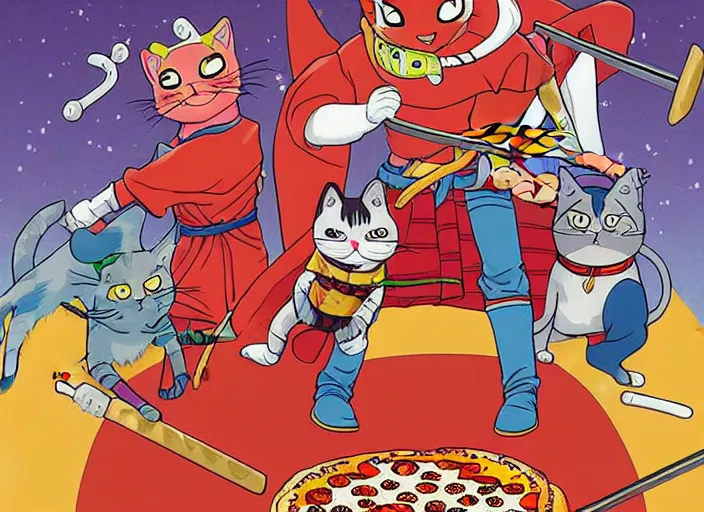 Image similar to cat samurai wearing pizza pizza costumes, illustration masterpiece, by ryan ottley and mœbius and hayao miyazaki and akira toriyama