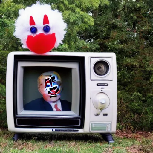 Image similar to professional photo of an old television that inside has a president that has a clown face and is giving a speech over a podium