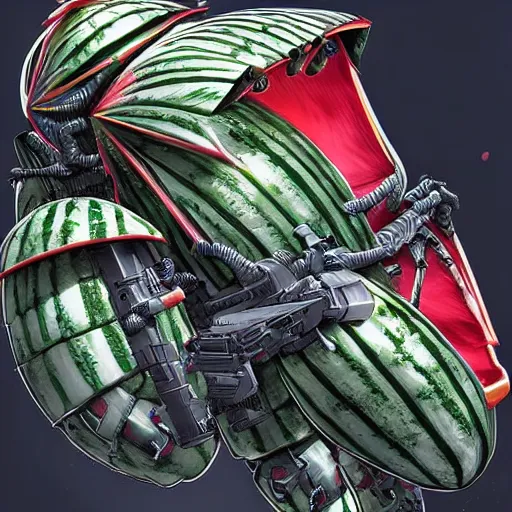 Prompt: Very very very very highly detailed sci-fi Watermelon military machine. Realistic Concept digital art in style of Hiromasa Ogura Gost in the shell, more watermelon a bit less military machine, epic dimensional light