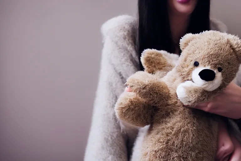 Image similar to canon, 30mm, bokeh, girl holding a teddy bear, snuggly, black hair