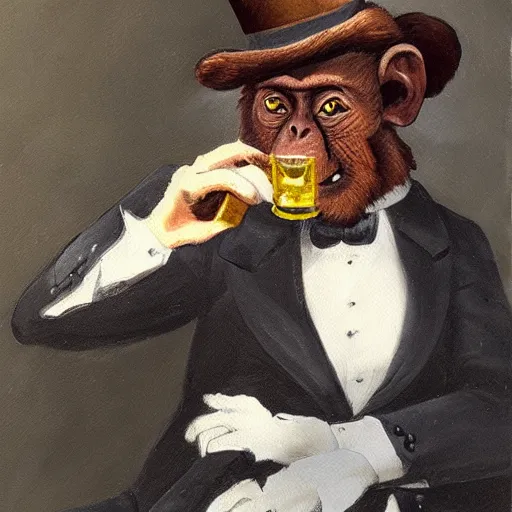 Image similar to a monkey wearing a monocle and a top hat drinking tea, brush strokes, oil painting