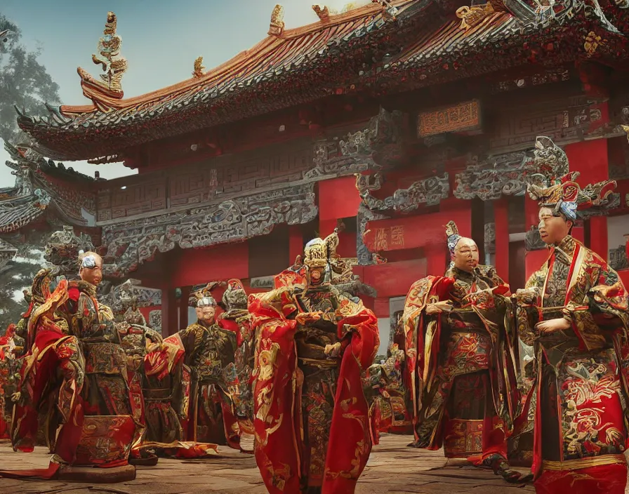 Image similar to ancient chinese military generals in old asian temple, beautiful texture, beautiful graphics, fantasy artwork, very beautiful scenery, hd, hdr, ue 5, ue 6, unreal engine 5, cinematic 4 k wallpaper, 8 k, ultra detailed, by popular digital, details, beautiful image ever created, high resolution, artstation, award winning