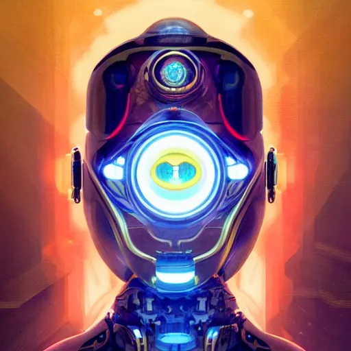 Prompt: symmetrical portrait of a robot with big eyes, grinning, sci - fi, tech wear, blue and yellow glowing lights, intricate, elegant, highly detailed, digital painting, artstation, smooth, sharp focus, illustration, art by artgerm and greg rutkowski and alphonse mucha