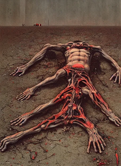 Prompt: painting of disturbing guy fieri lying on concrete ground, decrepit, corpse-like, by jon hale, beksinski, giger