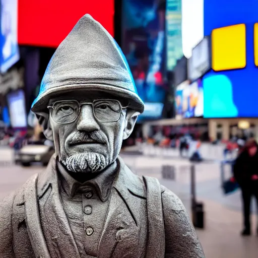 Image similar to a photograph of a very detailed renaissance sculpture of walter white wearing a smurf hat standing in times square, made by michelangelo, from the distance, hyper detailed, sharp focus, 8 k resolution, ray tracing