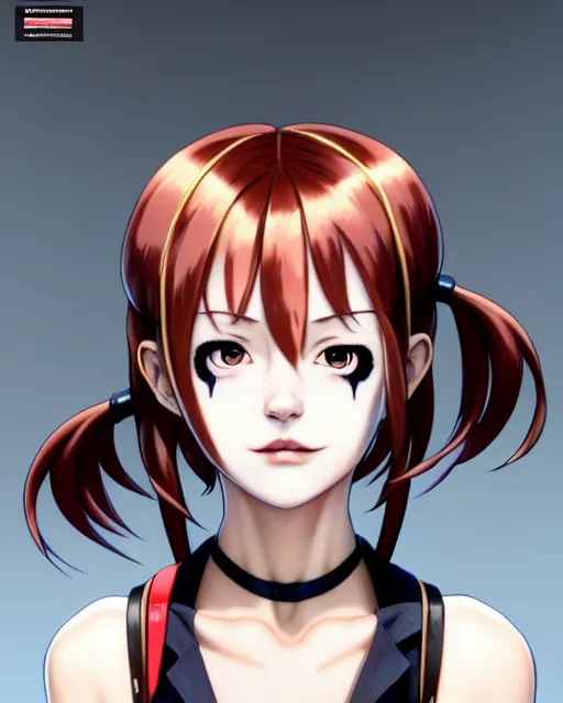 Image similar to portrait Anime as harley-quinn character girl cute-fine-face, brown-red-hair pretty face, realistic shaded Perfect face, fine details. Anime. realistic shaded lighting by Ilya Kuvshinov katsuhiro otomo ghost-in-the-shell, magali villeneuve, artgerm, rutkowski, WLOP Jeremy Lipkin and Giuseppe Dangelico Pino and Michael Garmash and Rob Rey