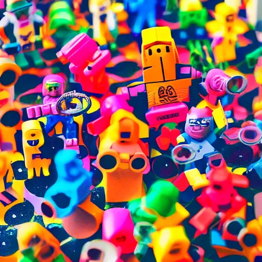 Image similar to 35mm photo of happy roblox figures, bright and fun colors