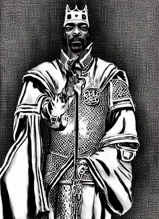 Image similar to Snoop Dogg as a knight, highly detailed, black and white, manga, art by Kentaro Miura