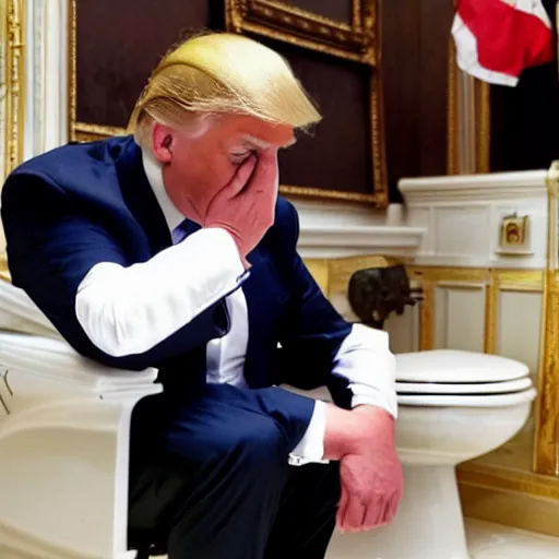 Prompt: donald trump crying while sitting on a toilet made of gold in the seventh layer of hell