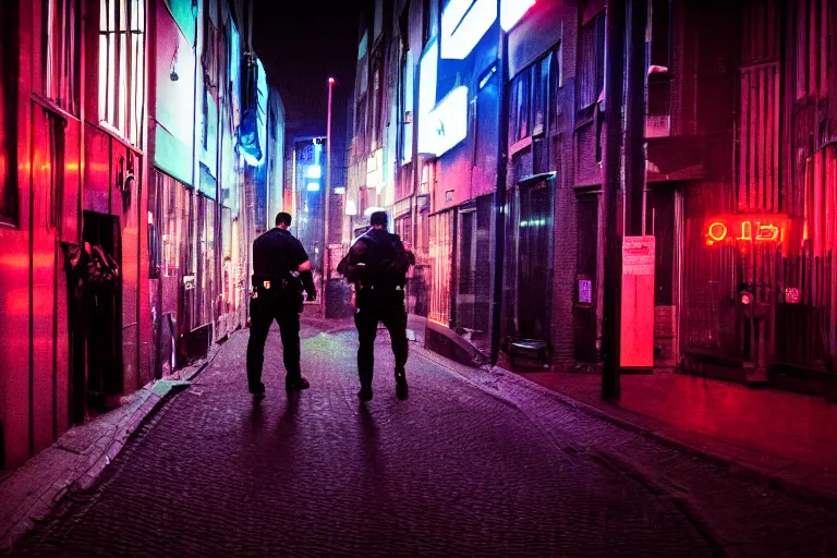 Image similar to photography of a hacker being arrested in amsterdam at night, cyberpunk, neon lights, frank miller, henri cartie bresson