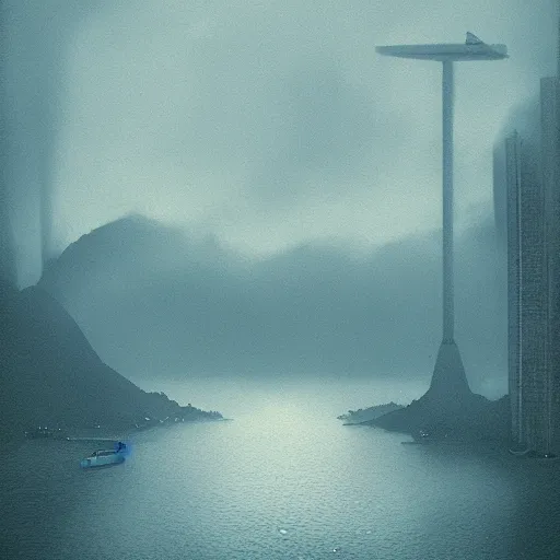 Prompt: rio de janeiro, by simon stalenhag, cinematic, award winning, intricate, mist, fog, blue light