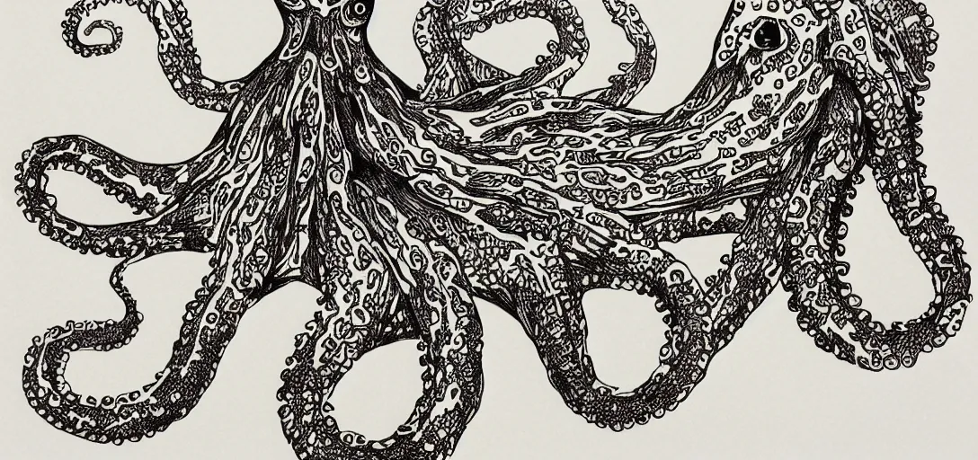 Image similar to children's book illustration of a sad octopus made of ornate paper cutouts by james gurney