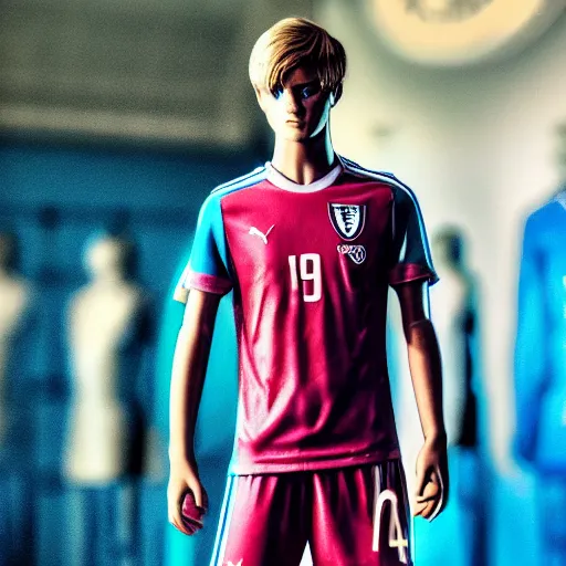 Image similar to a realistic detailed photo of a guy who is an attractive humanoid who is half robot and half humanoid, who is a male android, soccer player martin ødegaard, shiny skin, posing like a statue, blank stare, in a living room, on display