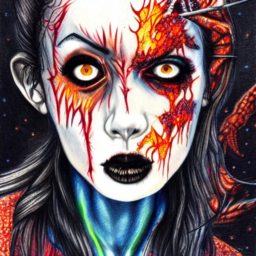 Image similar to hyper realistic colored pencil drawing of zombie wolverine, space background, unlimited detail, colored, space, dragon, intricate, detail, phoenix, orange by harumi hironaka-C 8