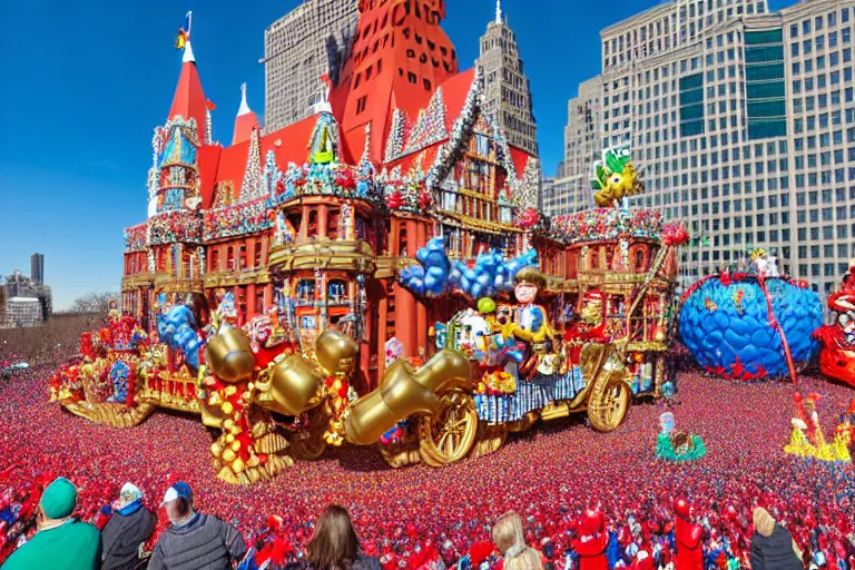 Image similar to photo of giant beautiful elaborate parade float castle designed by greg rutowski and geof darrow, in the macys parade, detailed 4 k photo, gigapixel, hyperdetailed