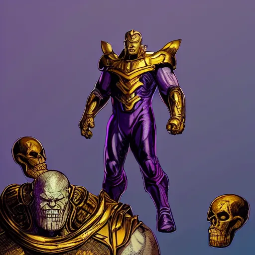 Prompt: Thanos standing triumphantly atop a pile of bones, epic fantasy, insane details, illustration, artstation, intricate, sharp focus, elegant, concept art