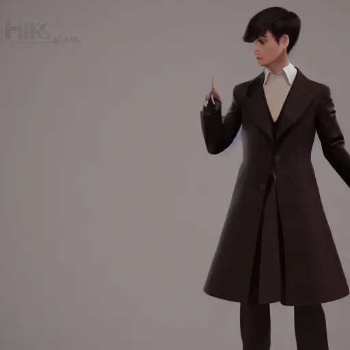 Image similar to a teen with black short hair and dark brown eyes wearing a formal overcoat, hyperrealistic, high quality, high detail, 8k,octane render, unreal engine 5, portait photo