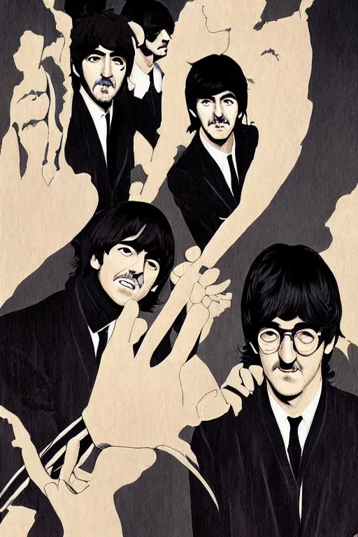 Prompt: the beatles, manga cover art, detailed color portrait, artstation trending, 8 k, greg rutkowski