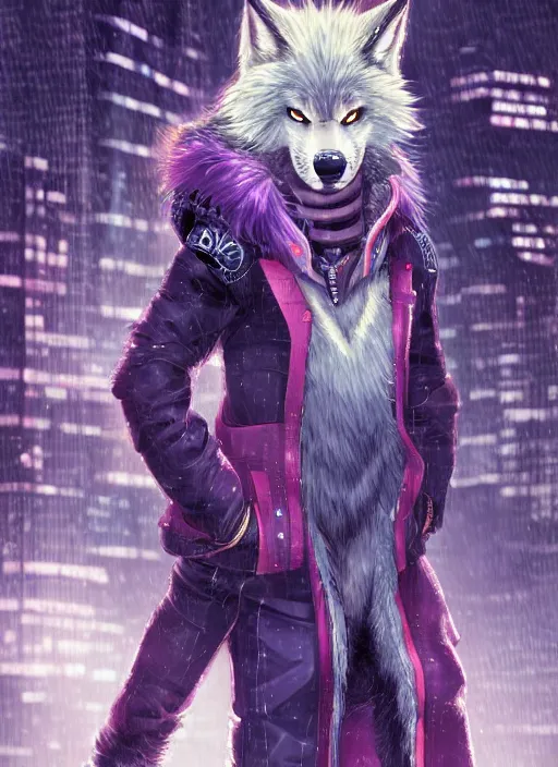 Image similar to character portrait of a male anthro wolf fursona with a tail and a cute beautiful attractive detailed furry face wearing stylish cyberpunk clothes in a cyberpunk city at night while it rains. hidari, color page, tankoban, 4K, tone mapping, Akihiko Yoshida.