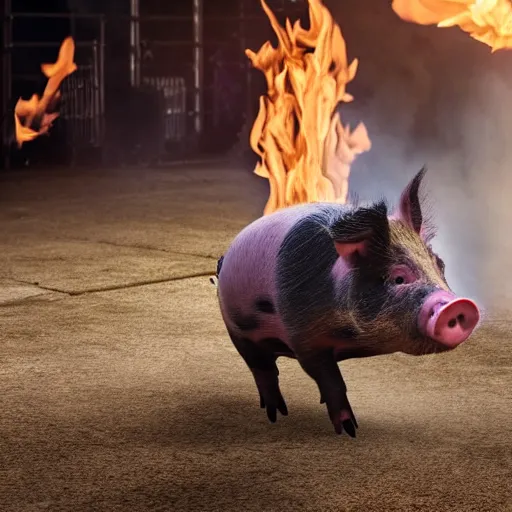 Image similar to Live Action Still of pig spitting fire, real life, hyperrealistic, ultra realistic, realistic, highly detailed, epic, HD quality, 8k resolution, body and headshot, film still, Exquisite detail, post-processing, masterpiece, Cinematic Lighting, Unreal Engine, 8k, HD, white background