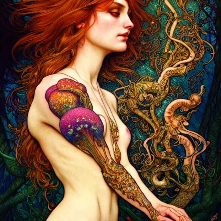 Image similar to psychedelic mushroom tattoo, diffuse lighting, fantasy, intricate, elegant, highly detailed, lifelike, photorealistic, digital painting, artstation, illustration, concept art, smooth, sharp focus, art by John Collier and Albert Aublet and Krenz Cushart and Artem Demura and Alphonse Mucha