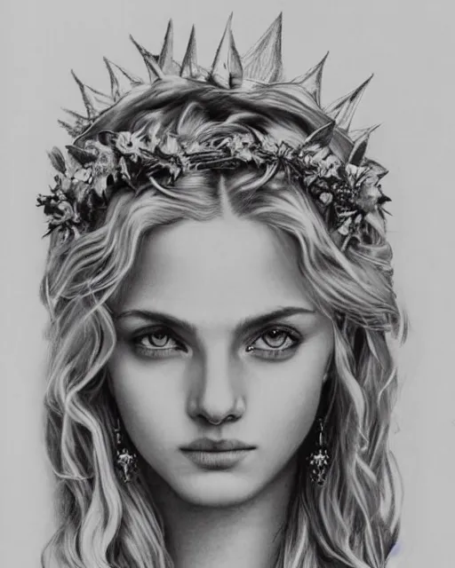 Image similar to pencil drawing of a beautiful greek goddess aphrodite wearing a laurel wreath and arrowhead earrings, beautiful confident and piercing eyes, beautiful blonde hair, hyper realistic face, in the style of greg rutkowski, fantasy, amazing detail, epic, elegant, smooth, sharp focus, from the front