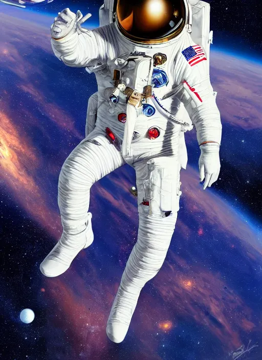 Image similar to Gorgeous NASA astronaut in space, cel-shaded, detailed, focused. Cinematic, hyper realism, realistic proportions, dramatic lighting, high detail 4k