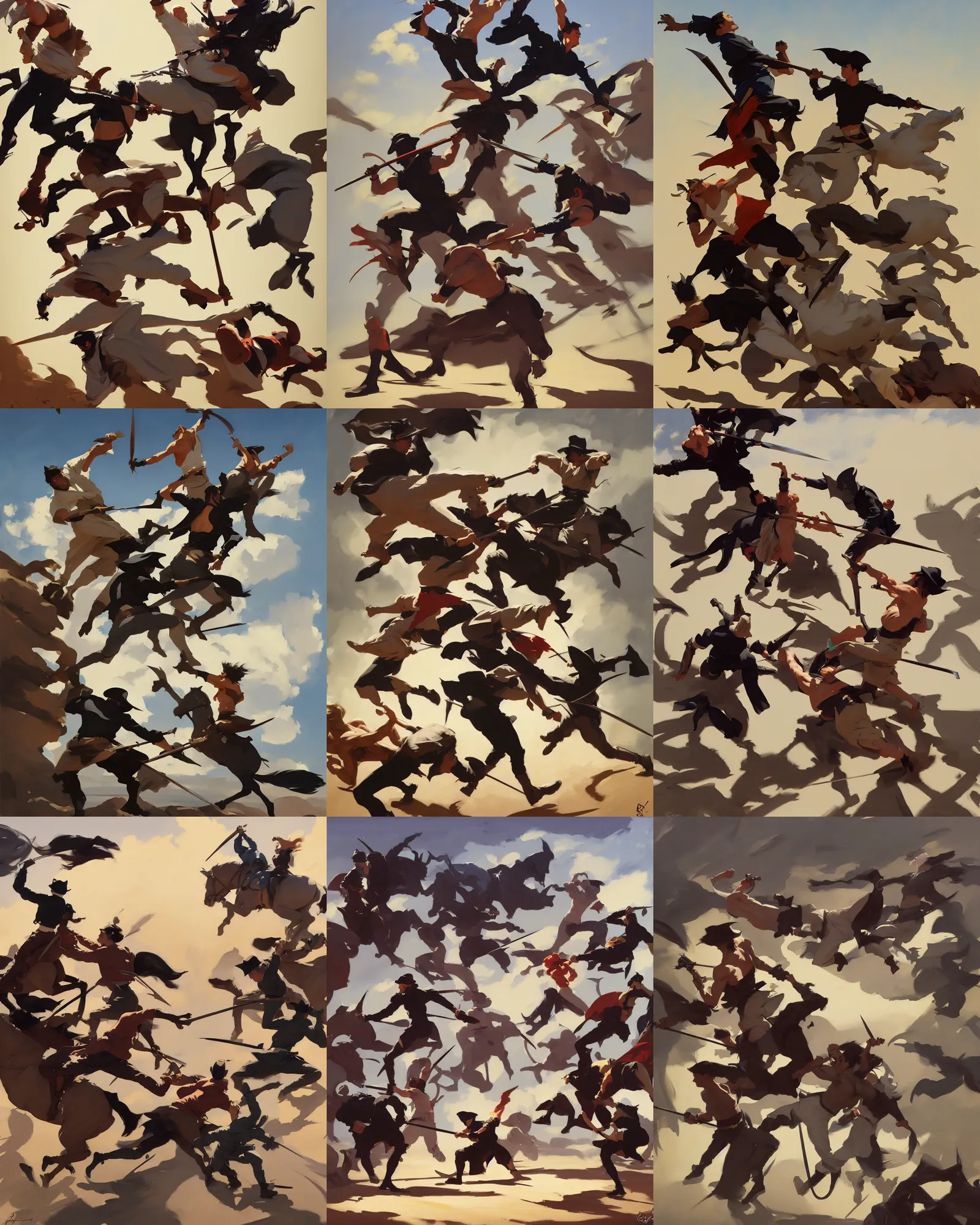 Image similar to black cloth fabric jodhpurs greg manchess fighting scene painting by sargent and leyendecker, studio ghibli, fantasy, medium shot, asymmetrical, intricate, elegant, matte painting, illustration, hearthstone, by rhads by greg rutkowski, by greg tocchini, by james gilleard, by joe fenton