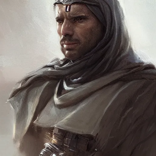 Image similar to portrait of a man by greg rutkowski, a jedi commander, arabian features and olive skin, long black hair, wise appearance, wearing the tactical gear of the galactic alliance, star wars expanded universe, he is about 4 0 years old, highly detailed portrait, digital painting, artstation, concept art, smooth, sharp foccus ilustration, artstation hq