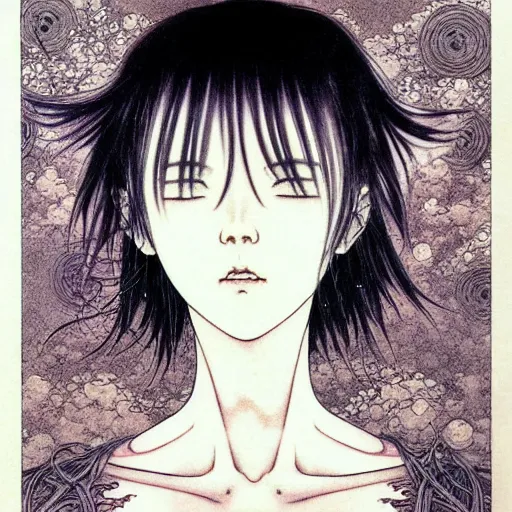 Image similar to prompt: Fragile looking soft light portrait face drawn by Takato Yamamoto and Katsuhiro Otomo, inspired by Ghost in Shell anime, magical and alchemical objects on the side, soft light, monochrome background, intricate detail, intricate ink painting detail, sharp high detail, manga and anime 2000